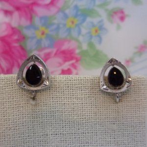 Vintage Marvel Sterling Silver Black Teardrop Screw Back Earrings